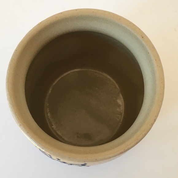 Salt Glazed Jam Jar Cobalt Blue stripes Beige Lid pottery Spoon Grapes vintage - Picture 13 of 15